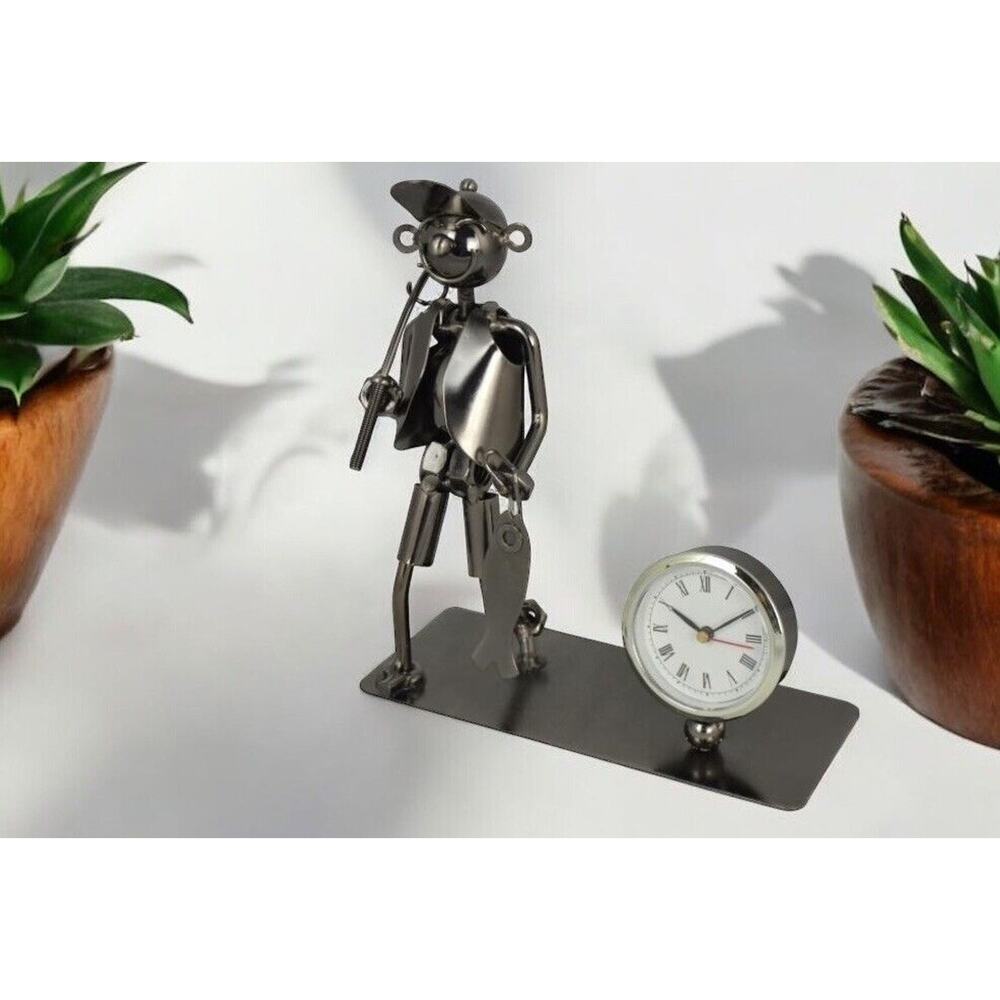 Fisherman With Fishing Pole Fish 7” Metal‎ Display "Wine Bodies" Desk Clock